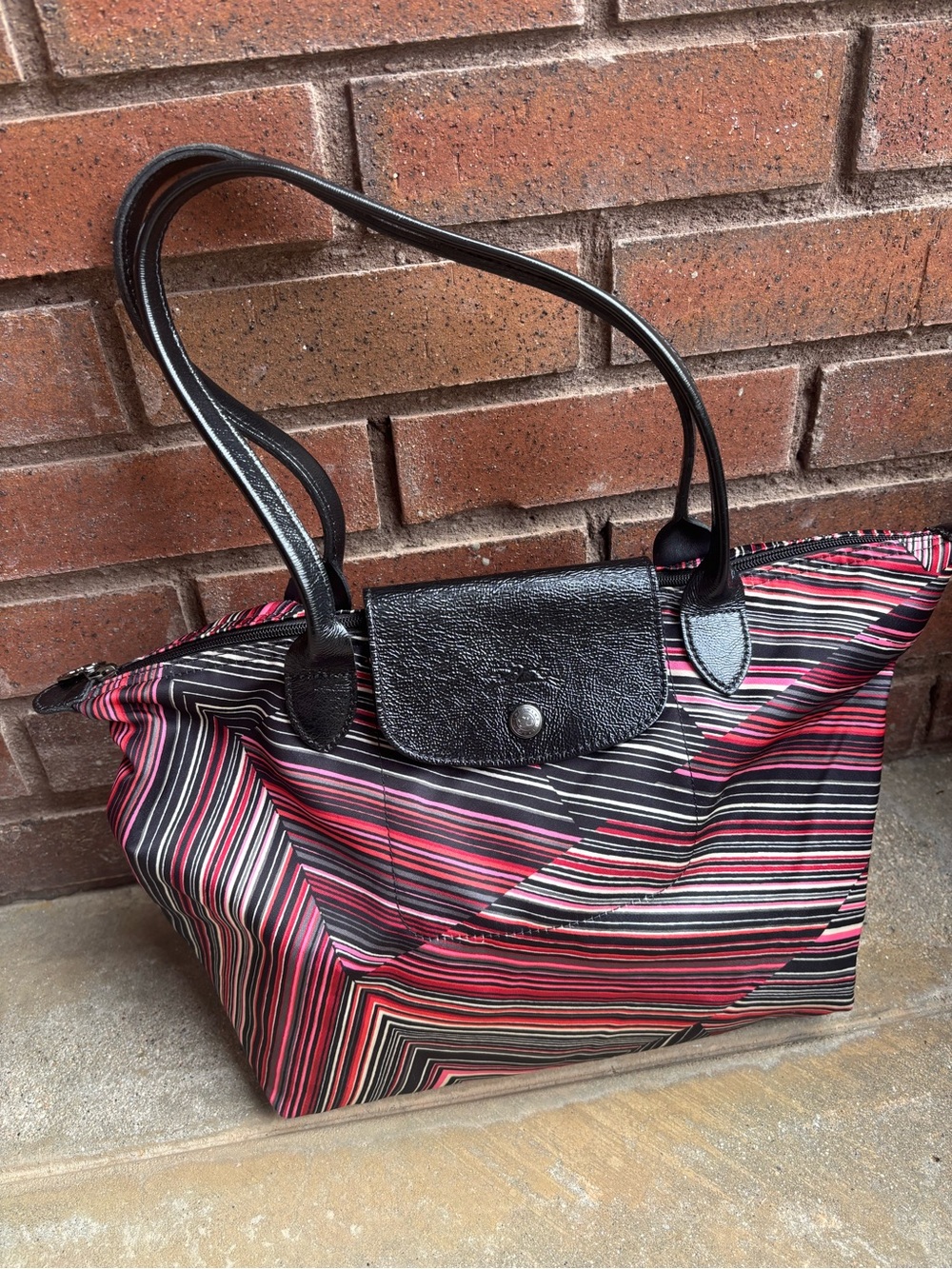 Longchamp Pink, Black & White Striped Tote